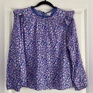 J. Crew Blue and Pink Floral Top with Ruffle Accent